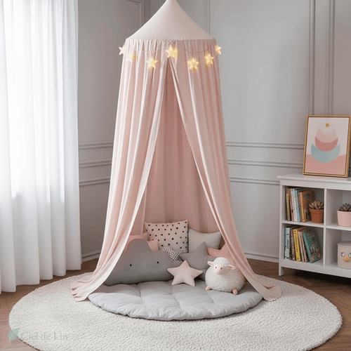 Ciel de lit bébé baldaquin conique en gaze de coton rose clair