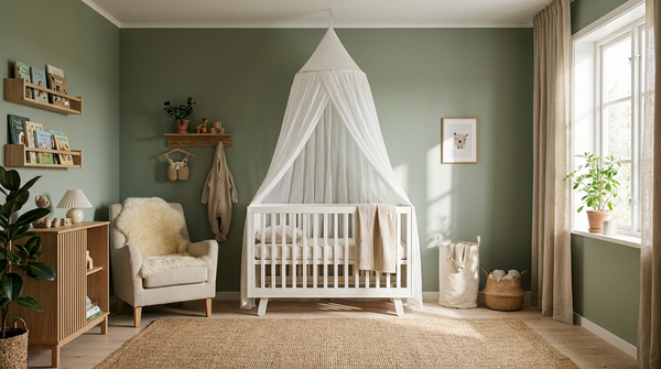 Chambre bébé avec lit en bois blanc et moustiquaire conique suspendue au plafond, décor scandinave tons sauge et beige