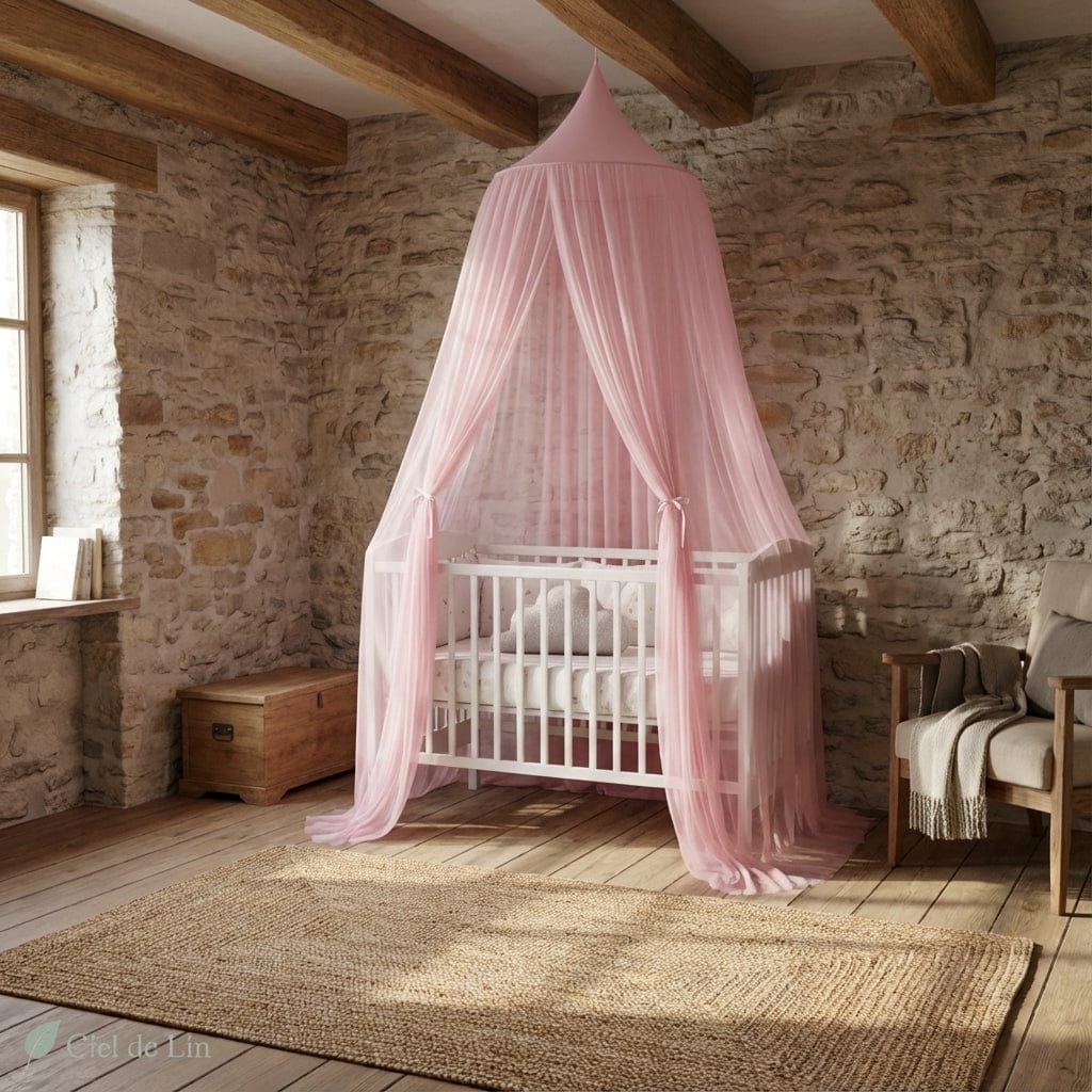 Ciel de lit baldaquin bébé – Voile en tulle rose poudré décoratif - Vue 5 – Ciel de Lin