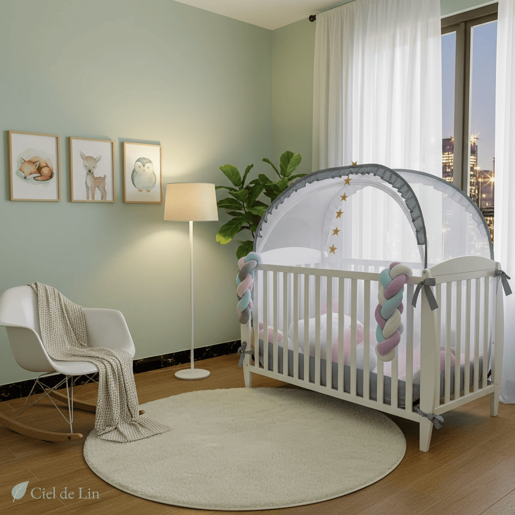 Ciel de lit bébé moustiquaire pliable – Dôme respirant pour berceau – Ciel de Lin