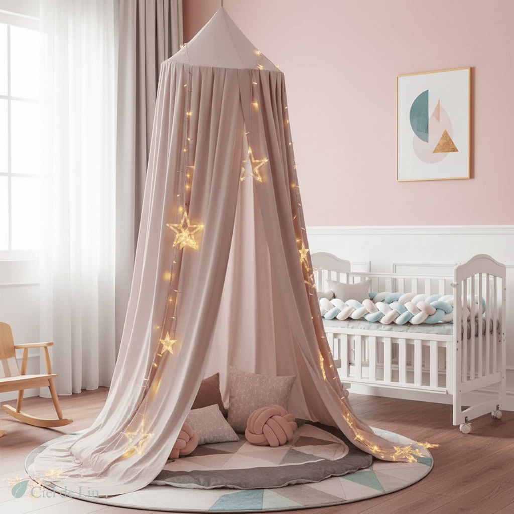 Ciel de lit bébé moustiquaire rose gris – Ciel de Lin