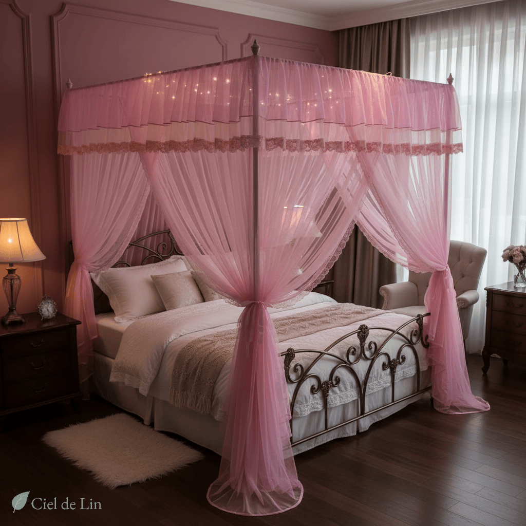 Ciel de lit palais rose – Moustiquaire royale triple porte – Ciel de Lin