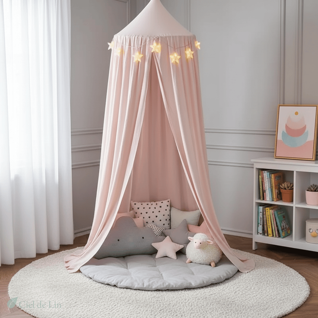 Ciel de lit bébé baldaquin conique en gaze de coton rose clair