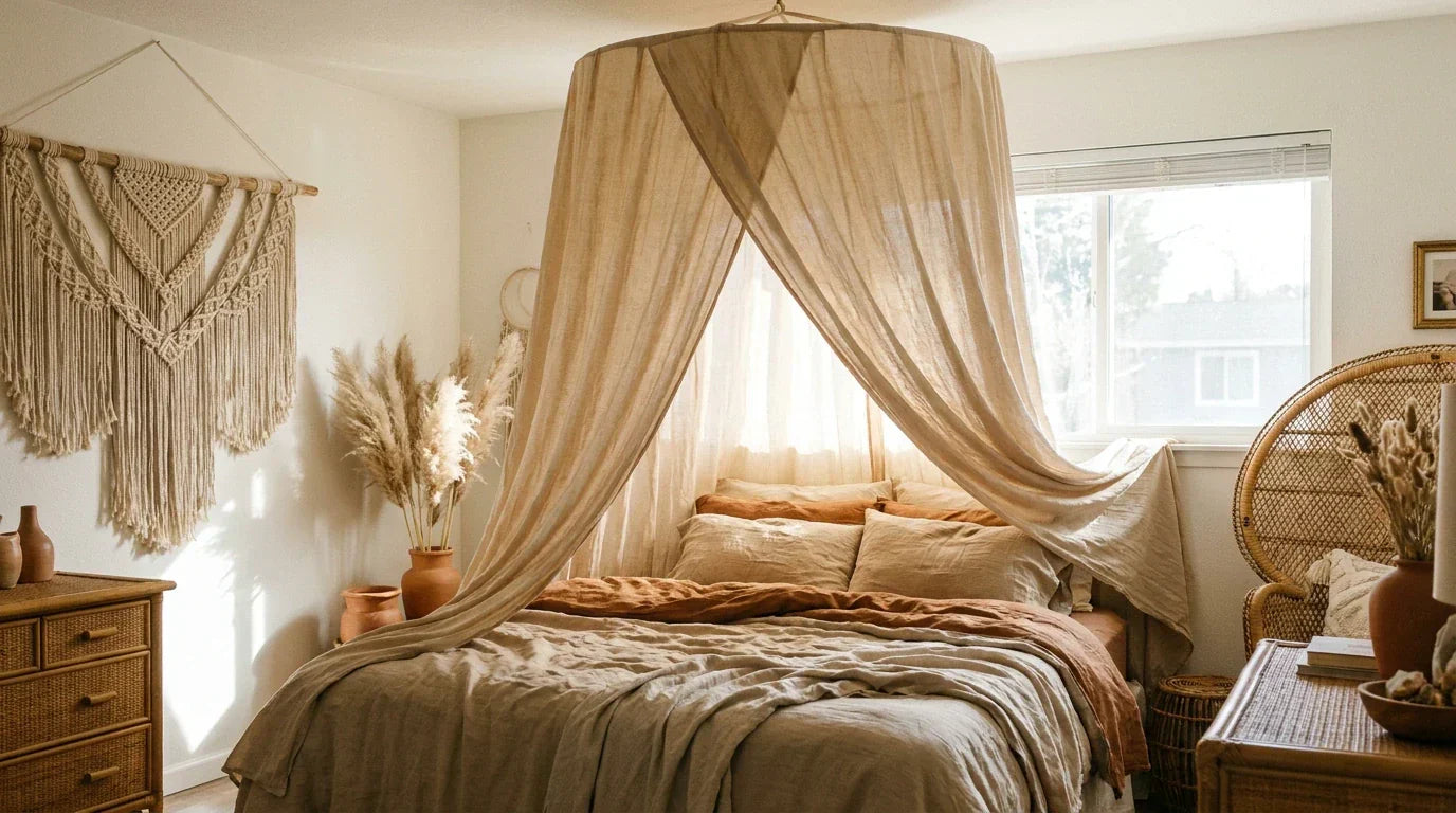 Chambre bohème adulte avec ciel de lit en coton naturel beige et décor matières naturelles