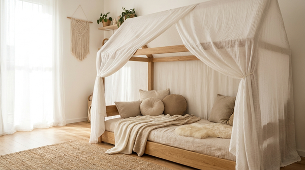 Ciel de lit cabane enfant : voile mousseline lit superposé