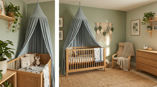 15 idées de chambres bébé garçon avec un ciel de lit : du bleu doux au bohème forêt