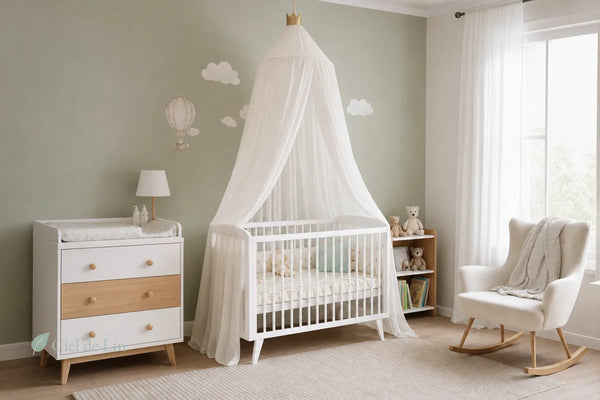 Berceau blanc dans une nursery lumineuse avec ciel de lit en voile doux suspendu