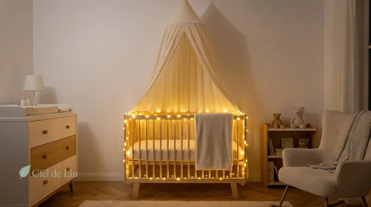 Chambre bébé soir cocooning avec guirlandes lumineuses LED et ciel de lit gaze coton blanc