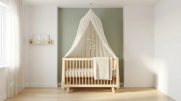 Chambre de bébé lumineuse avec ciel de lit en coton naturel suspendu au-dessus du lit