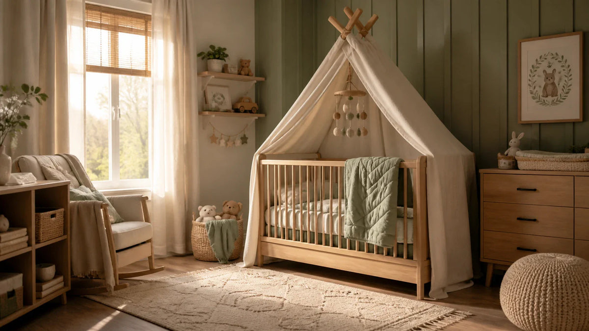 Chambre bébé avec ciel de lit cabane