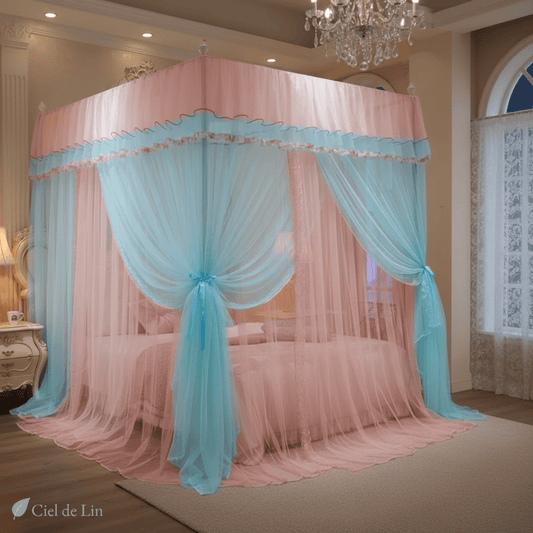 Ciel de lit baldaquin palace adulte – Moustiquaire triple porte rose & bleu – Ciel de Lin
