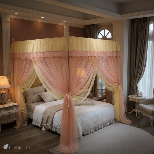 Ciel de lit romantique double voile – Baldaquin pastel style palais – Ciel de Lin