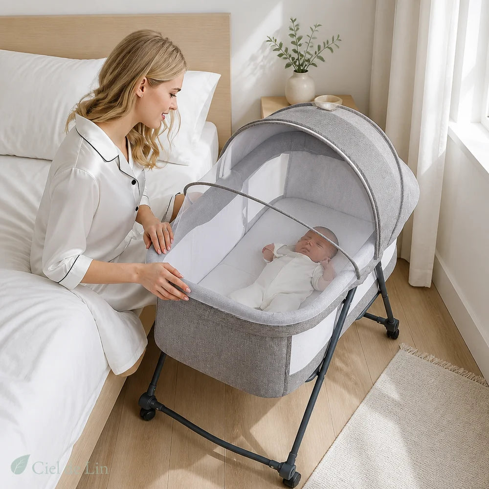 Berceau bébé pliable gris avec canopée – Ciel de Lin