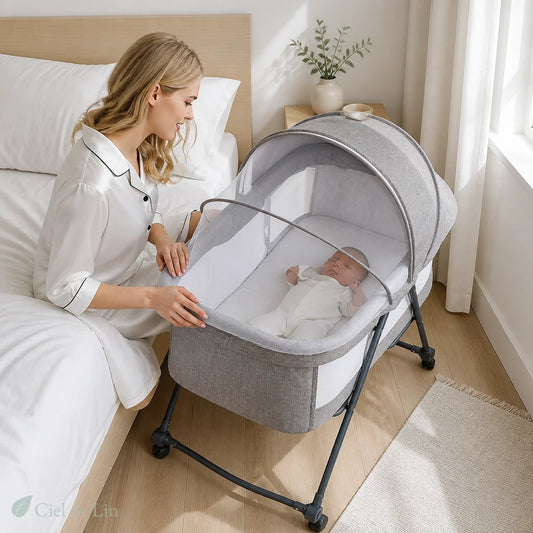 Berceau bébé pliable gris avec canopée – Ciel de Lin