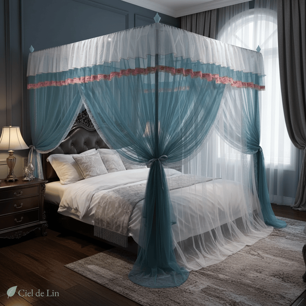 Ciel de lit adulte palace romantique – Baldaquin moustiquaire à trois voilages – Ciel de Lin