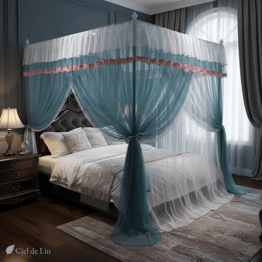 Ciel de lit adulte palace romantique – Baldaquin moustiquaire à trois voilages – Ciel de Lin