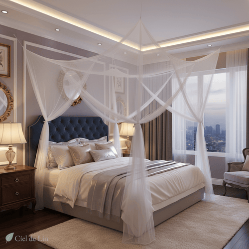 Ciel de lit adulte romantique – Moustiquaire à 4 portes pour lit double – Ciel de Lin