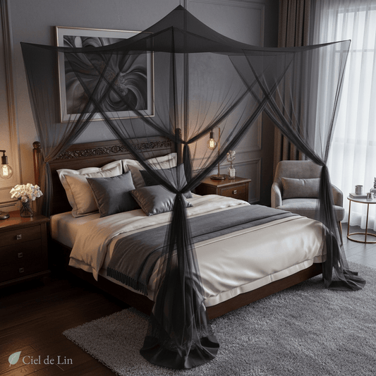 Ciel de lit adulte romantique – Moustiquaire 4 portes noire respirante – Ciel de Lin