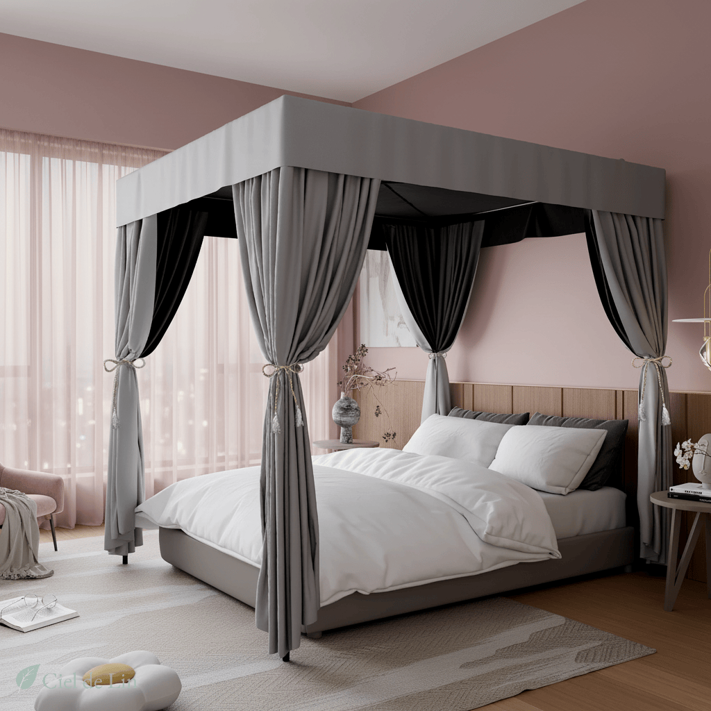 Ciel de lit baldaquin adulte – Baldaquin à quatre coins noir pour intimité et élégance en chambre - Vue 1 – Ciel de Lin