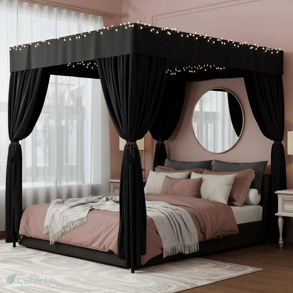 Ciel de lit baldaquin adulte – Baldaquin à quatre coins noir pour intimité et élégance en chambre - Vue 2 – Ciel de Lin