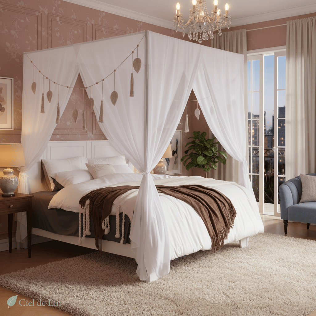 Ciel de lit baldaquin adulte à quatre ouvertures – Déco bohème romantique – Ciel de Lin