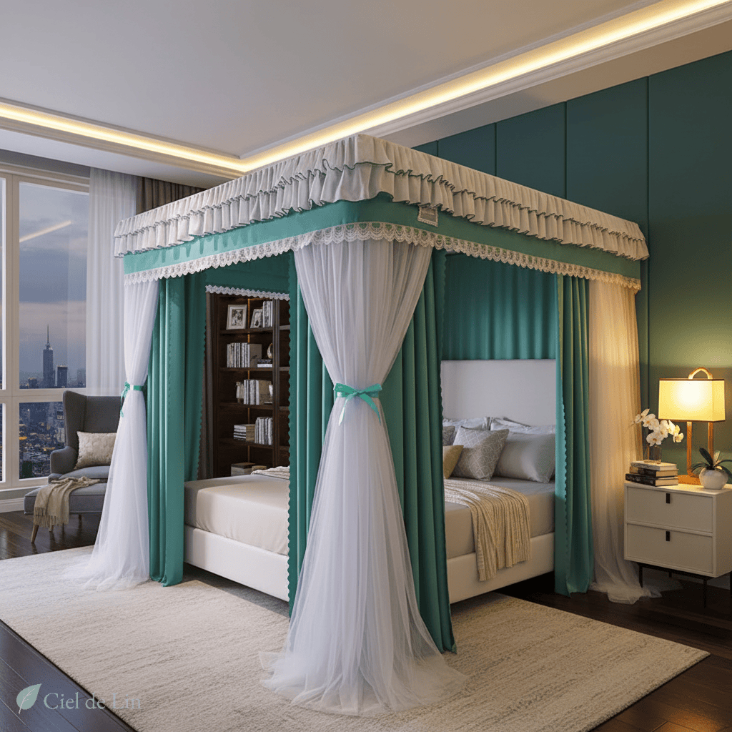 Ciel de lit baldaquin adulte moustiquaire quadrate – Protection romantique et décorative pour chambre élégante - Vue 8 – Ciel de Lin