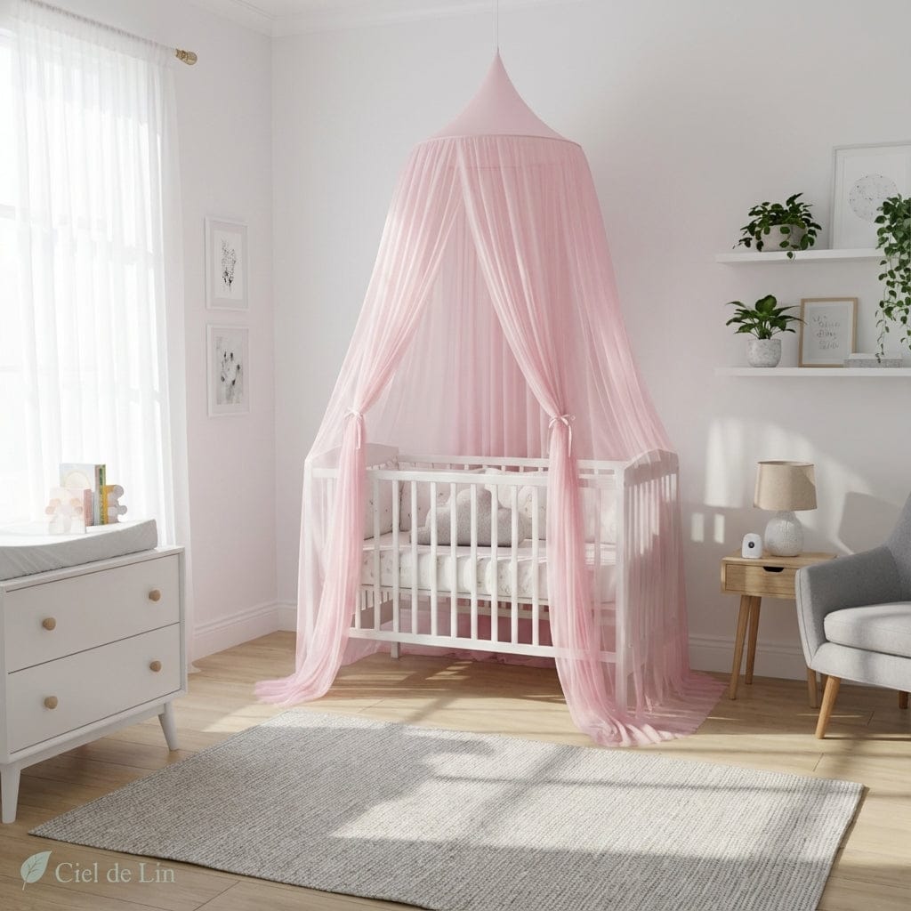Ciel de lit baldaquin bébé – Voile en tulle rose poudré décoratif - Vue 4 – Ciel de Lin
