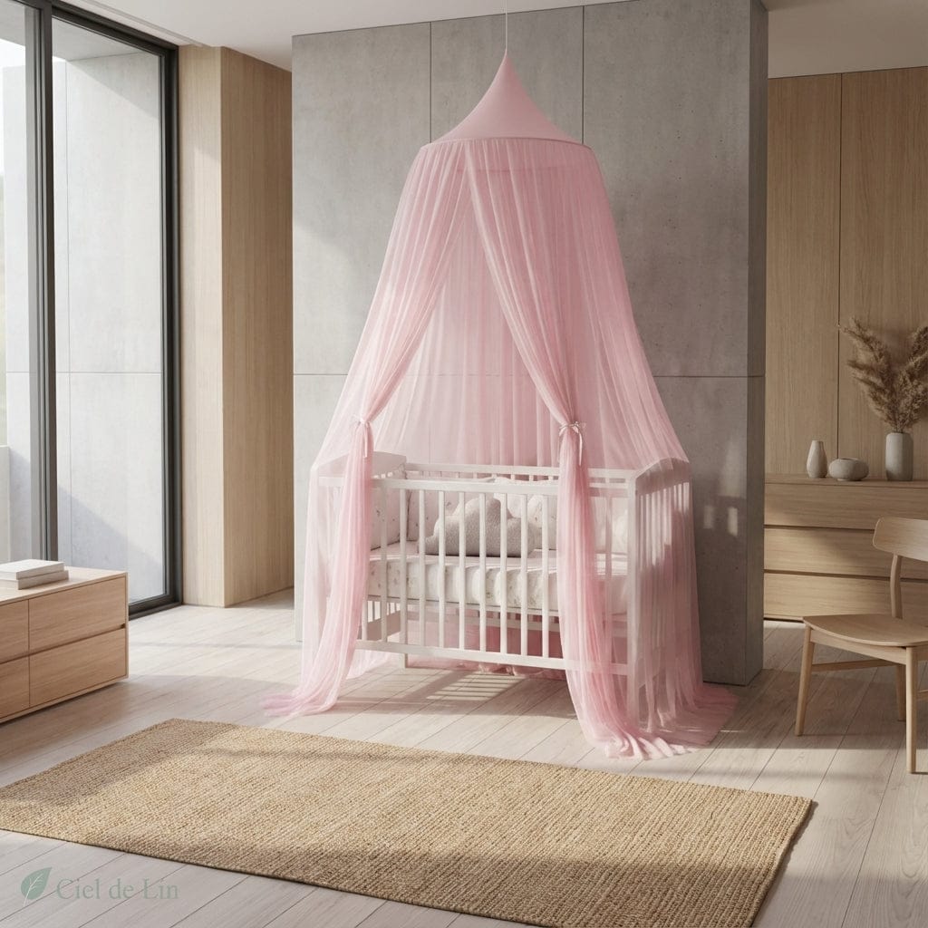 Ciel de lit baldaquin bébé – Voile en tulle rose poudré décoratif - Vue 3 – Ciel de Lin
