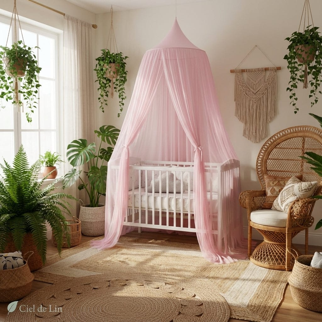 Ciel de lit baldaquin bébé – Voile en tulle rose poudré décoratif - Vue 2 – Ciel de Lin