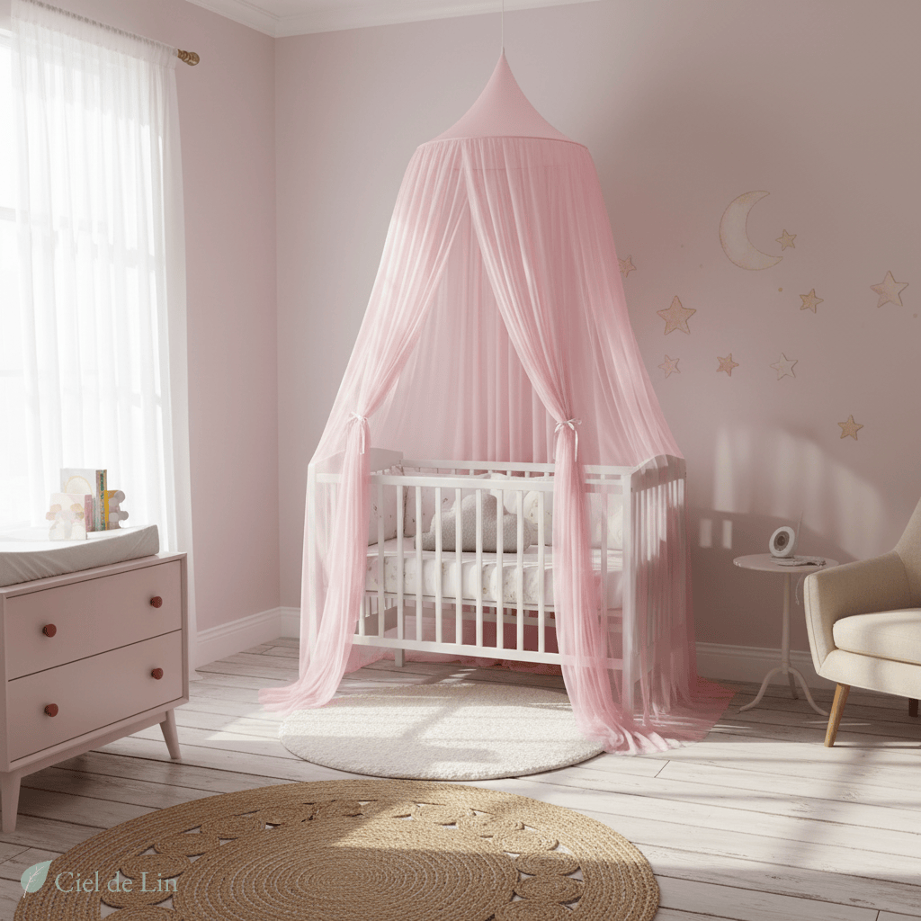Ciel de lit baldaquin bébé – Voile en tulle rose poudré décoratif - Vue 1 – Ciel de Lin