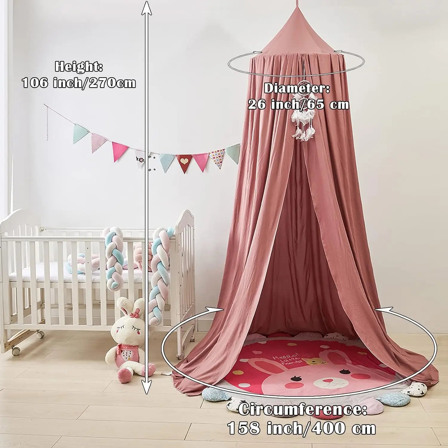Dimensions ciel de lit bébé dôme : hauteur 270 cm, diamètre 65 cm, périmètre base 400 cm
