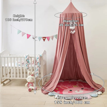 Dimensions ciel de lit bébé dôme : hauteur 270 cm, diamètre 65 cm, périmètre base 400 cm