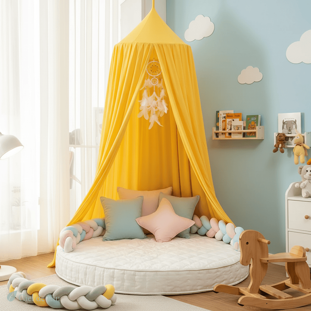 Ciel de lit bébé moustiquaire conique jaune – Ciel de Lin