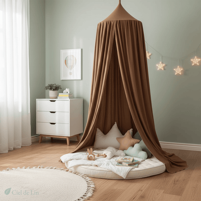 Ciel de lit bébé dôme suspendu en polyester marron - hauteur 270 cm - chambre enfant