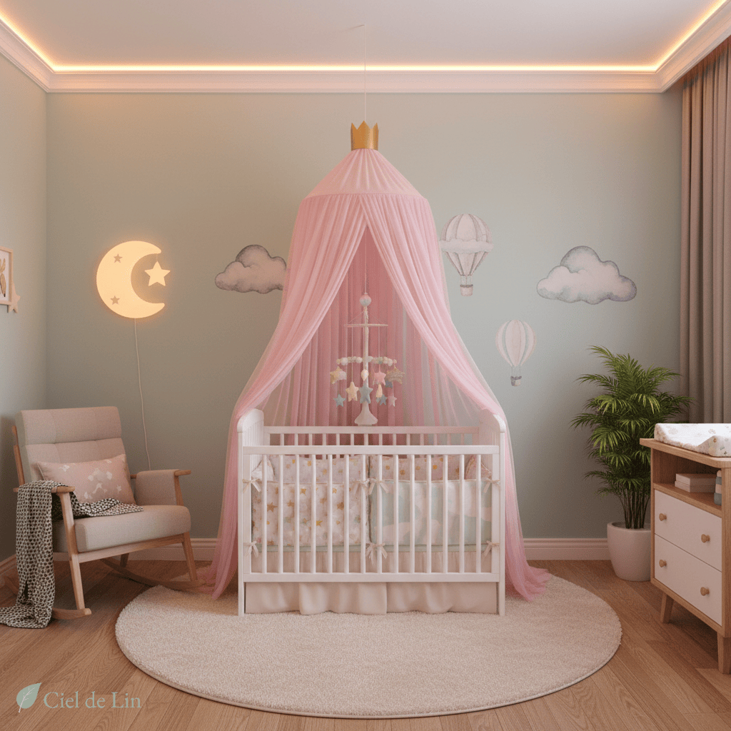 Ciel de lit bébé moustiquaire – Dôme suspendu en tulle respirant - Vue 1 – Ciel de Lin