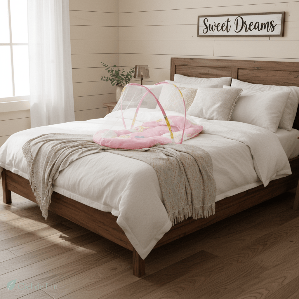 Ciel de lit bébé – Moustiquaire pliable avec coussin douillet - Vue 2 – Ciel de Lin