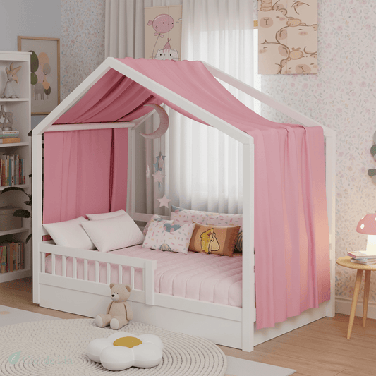 Ciel de lit cabane enfant en mousseline – Atmosphère cosy et protection pour lit superposé Rose / 67x270cm