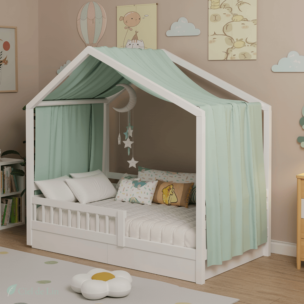 Ciel de lit cabane enfant – Moustiquaire en mousseline verte – Ciel de Lin