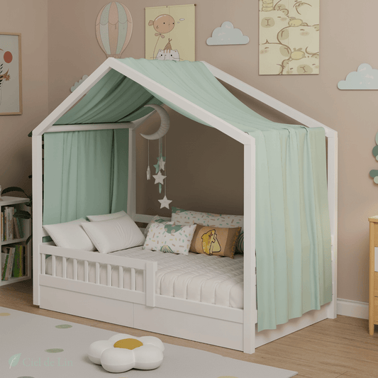 Ciel de lit cabane enfant – Moustiquaire en mousseline verte – Ciel de Lin
