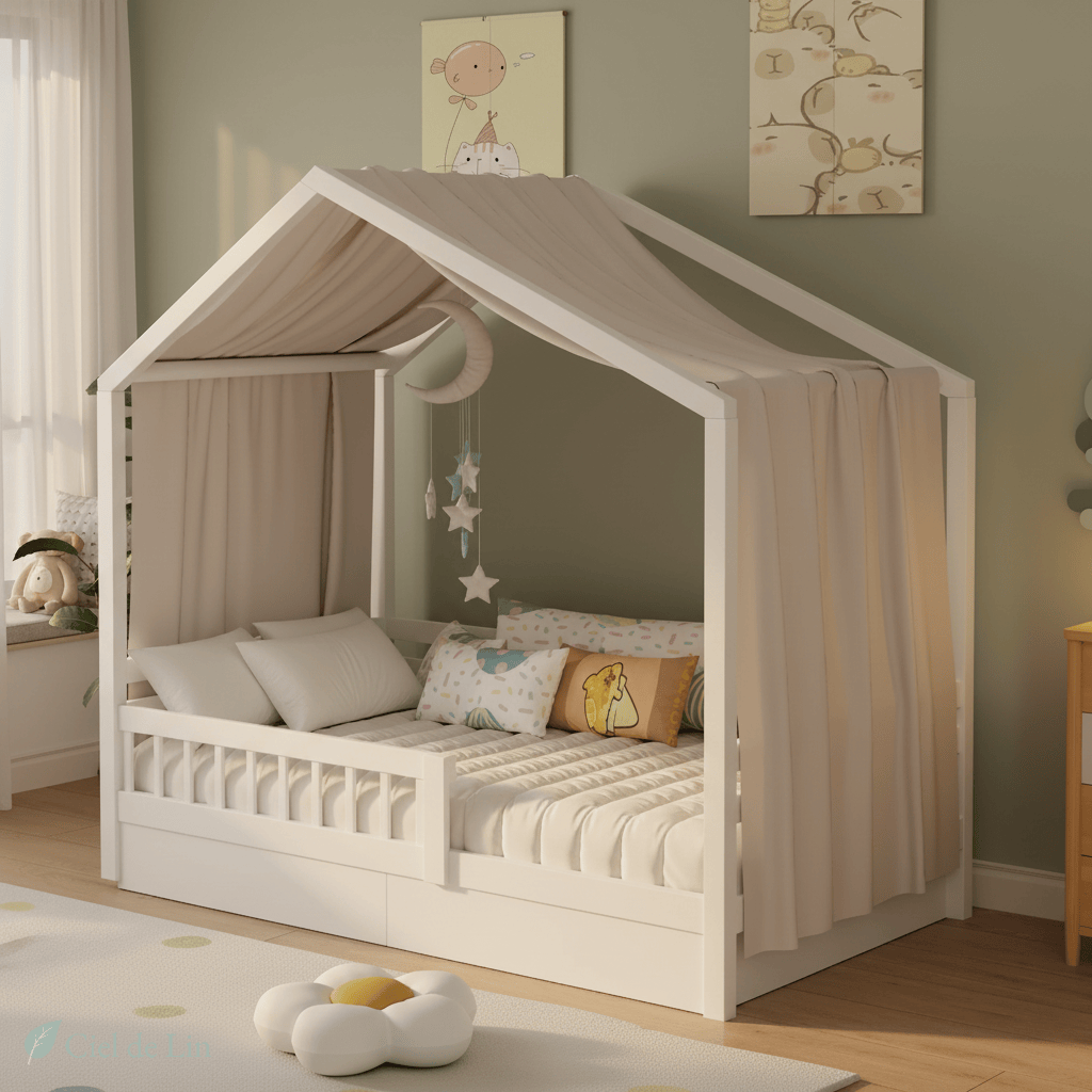 Ciel de lit cabane enfant en mousseline – Voile lit superposé – Ciel de Lin