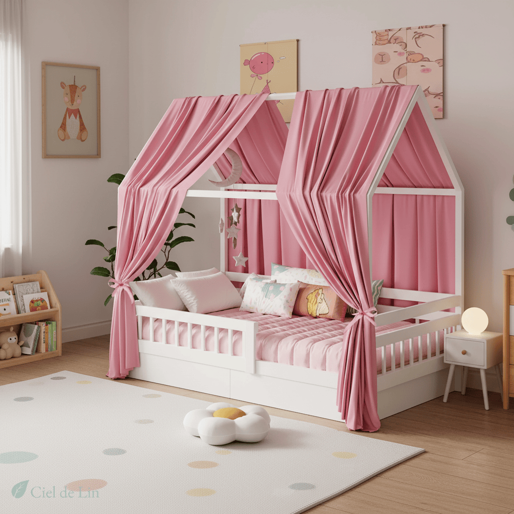 Ciel de lit cabane enfant – Mousseline 2 pièces rose – Ciel de Lin