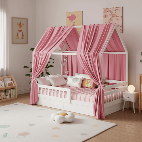 Ciel de lit cabane enfant – Mousseline 2 pièces rose – Ciel de Lin