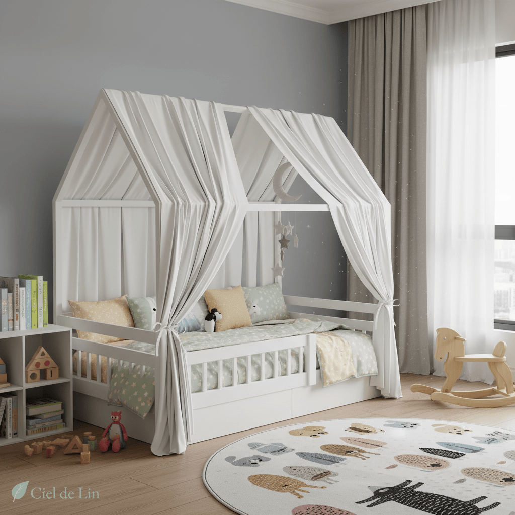 Ciel de lit enfant lit superposé – 2 pièces blanches – Ciel de Lin