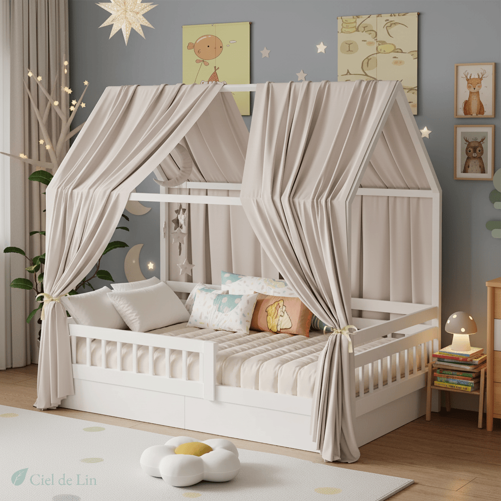 Ciel de lit enfant en mousseline – Tente pour lit superposé caramel – Ciel de Lin