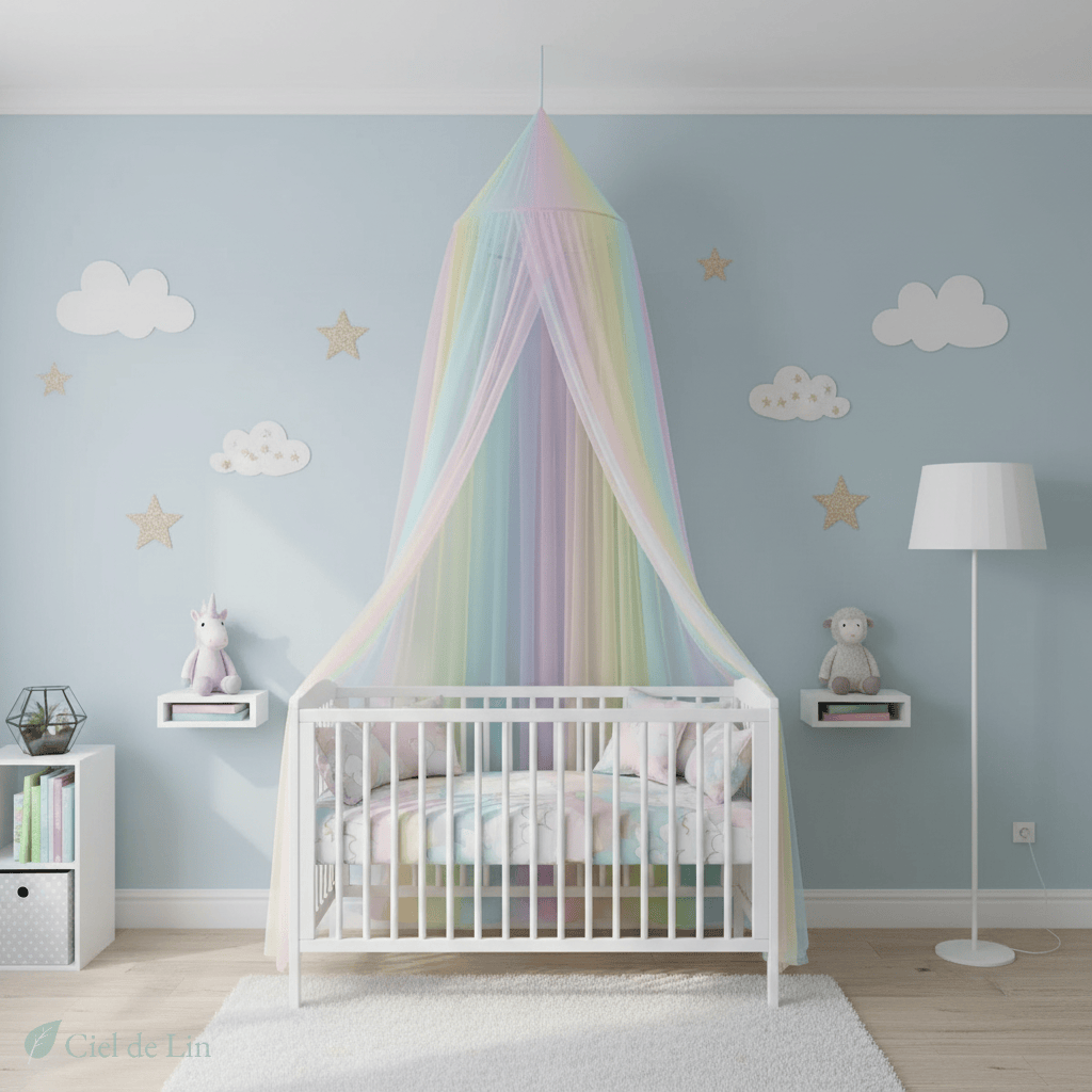 Ciel de lit enfant moustiquaire arc-en-ciel - Vue 2 – Ciel de Lin