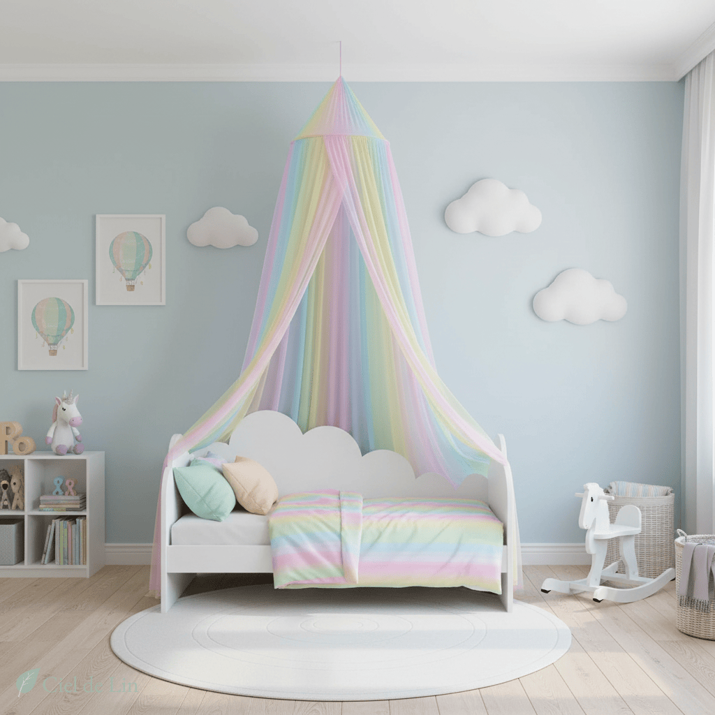 Ciel de lit enfant moustiquaire arc-en-ciel - Vue 3 – Ciel de Lin