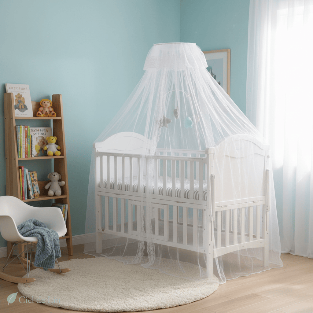 Ciel de lit moustiquaire bébé blanc clair – Dôme en mousseline respirante – Ciel de Lin