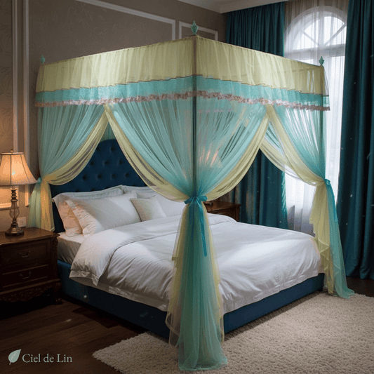 Ciel de lit palace romantique adulte – Baldaquin double couche turquoise & soleil doux – Ciel de Lin