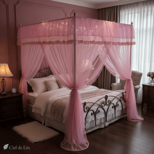Ciel de lit palais rose – Moustiquaire royale triple porte – Ciel de Lin