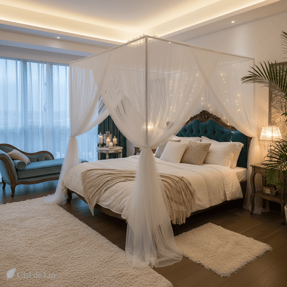 Ciel de lit romantique adulte à quatre coins – Moustiquaire élégante pour lit double - Vue 1 – Ciel de Lin